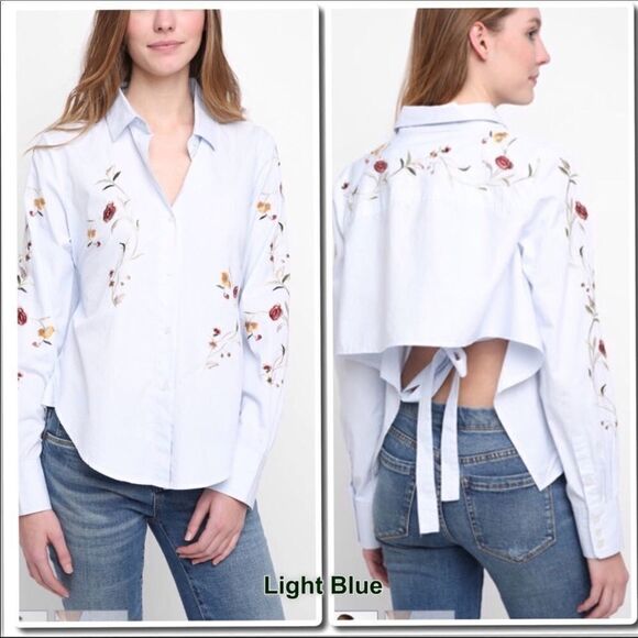 EMBROIDERED Tie Back Shirt in Light Blue - Picture 2 of 4